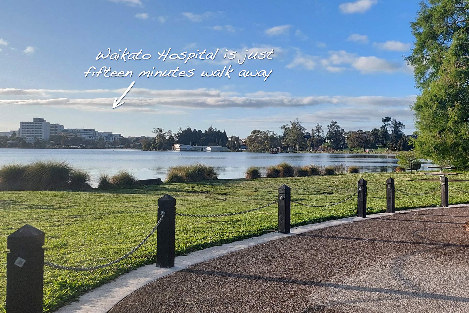 Hamilton Lake and Waikato Hospital